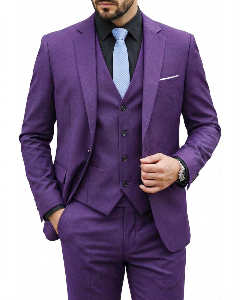 MYS MY'S Men's 3 Piece Suit Set with Tie, One Button Slim Fit Solid Jacket Vest Pants, Prom Party Wedding Business Suits for Men, Deep Purple Small - Image 1